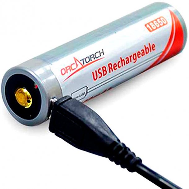 OrcaTorch 18650 batteri m. USB-opladning